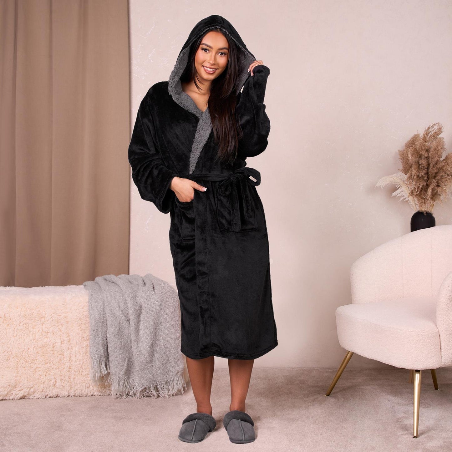 Sienna Ladies Mens Long Hooded Dressing Gown Soft Flannel Fleece Sherpa Bathrobe
