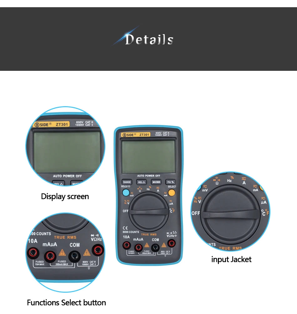BSIDE Digital Multimeter Auto Range True RMS 8000 High precision Ammeter Voltmeter Smart Capacitor Temperature NCV Ohm Hz Tester