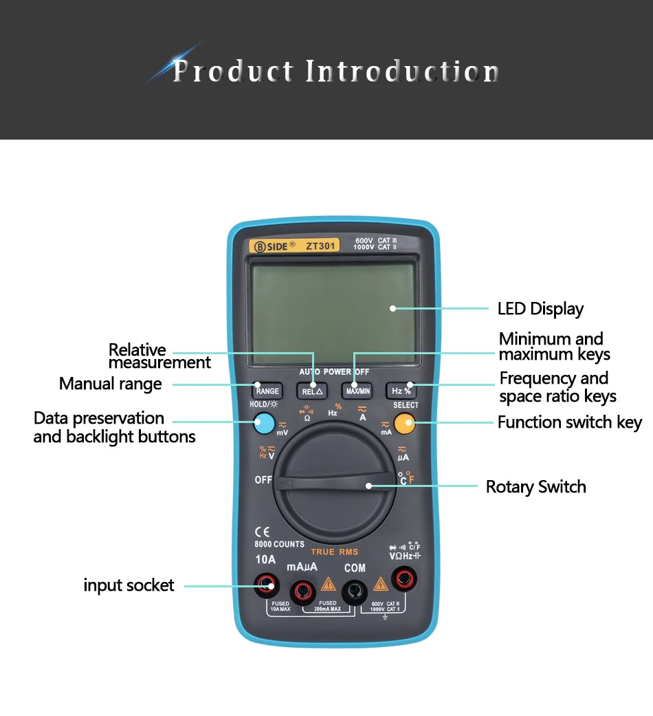 BSIDE Digital Multimeter Auto Range True RMS 8000 High precision Ammeter Voltmeter Smart Capacitor Temperature NCV Ohm Hz Tester