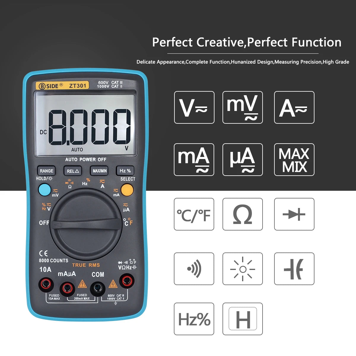 BSIDE Digital Multimeter Auto Range True RMS 8000 High precision Ammeter Voltmeter Smart Capacitor Temperature NCV Ohm Hz Tester