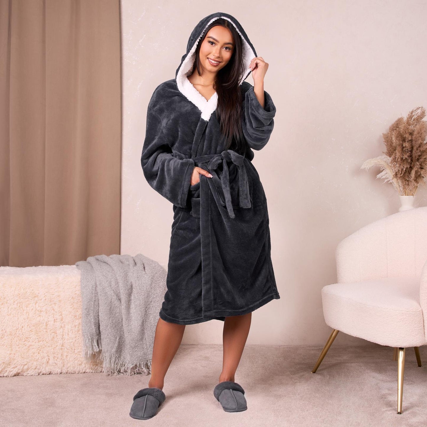 Sienna Ladies Mens Long Hooded Dressing Gown Soft Flannel Fleece Sherpa Bathrobe