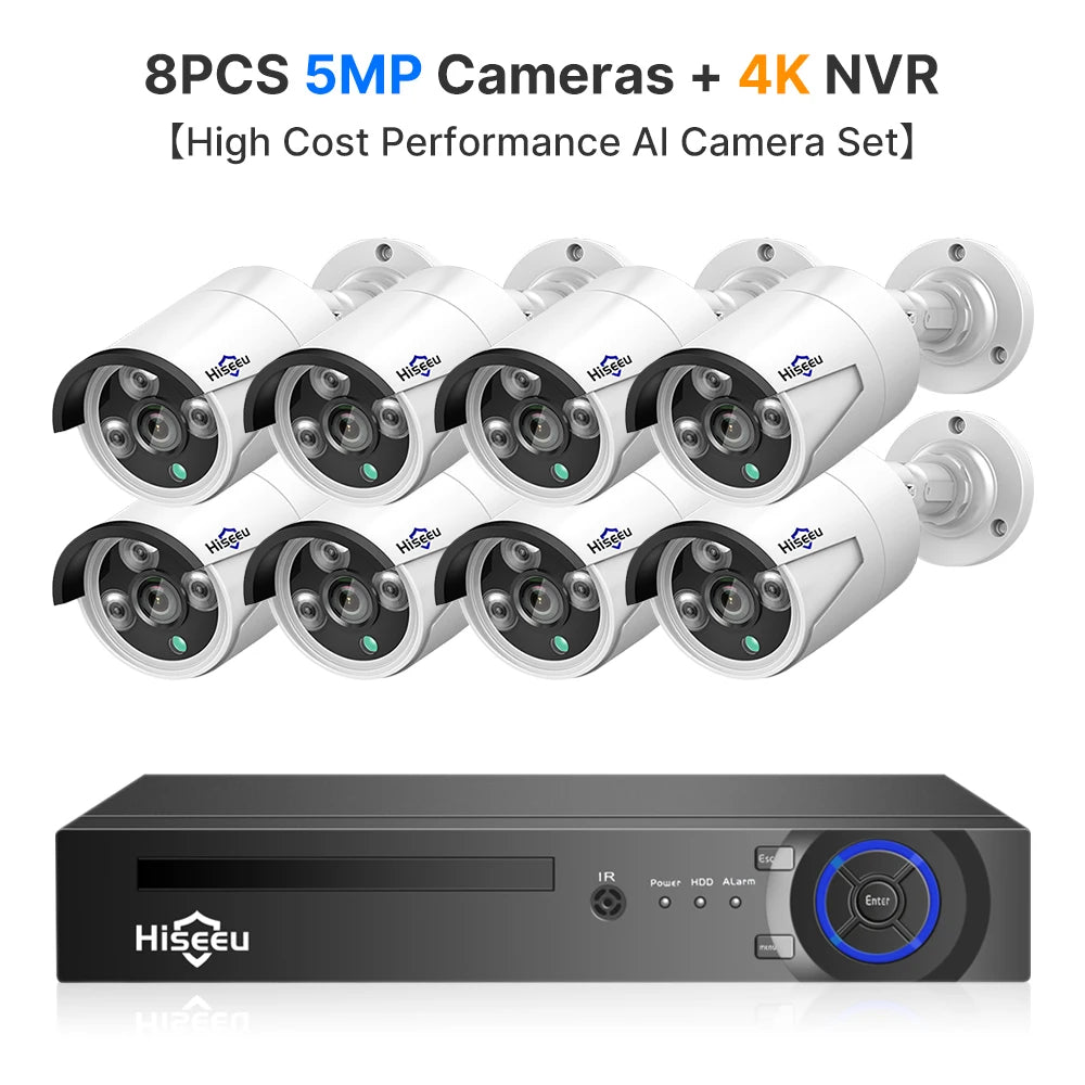 Hiseeu 5MP POE IP Camera System Set Waterproof AI Human Motion Detection 8CH NVR H.265 Wired CCTV Surveillance Camera Kit