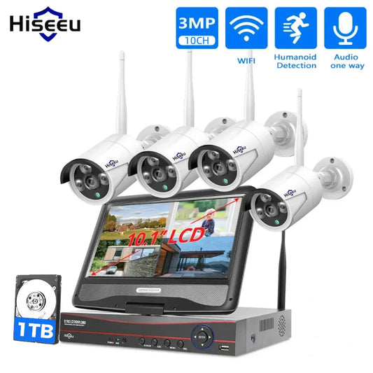 Hiseeu 3/5MP Wireless Security Cameras Kit Outdoor Waterproof IP Camera Surveillance CCTV System Set with 10.1" Monitor 10CH NVR