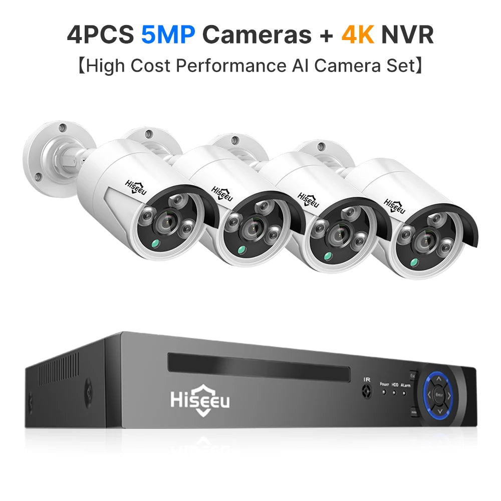 Hiseeu 5MP POE IP Camera System Set Waterproof AI Human Motion Detection 8CH NVR H.265 Wired CCTV Surveillance Camera Kit