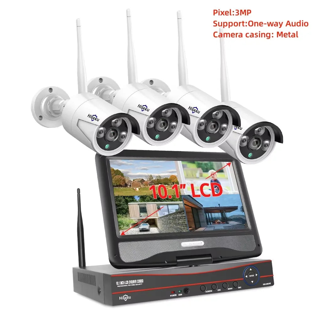 Hiseeu 3/5MP Wireless Security Cameras Kit Outdoor Waterproof IP Camera Surveillance CCTV System Set with 10.1" Monitor 10CH NVR