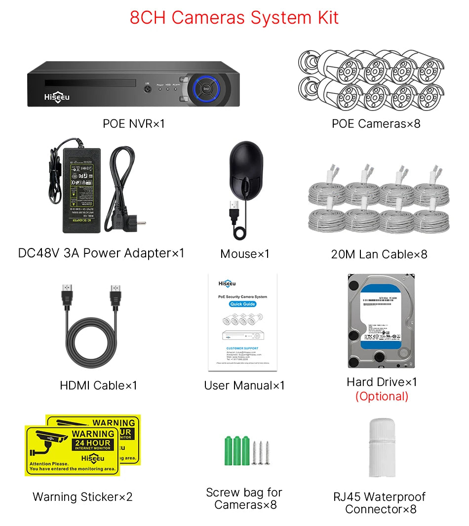 Hiseeu 5MP POE IP Camera System Set Waterproof AI Human Motion Detection 8CH NVR H.265 Wired CCTV Surveillance Camera Kit