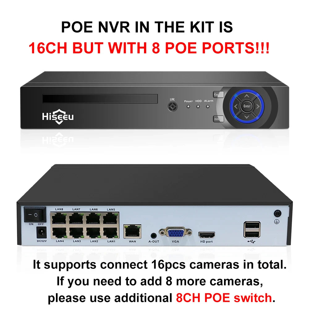 Hiseeu 5MP POE IP Camera System Set Waterproof AI Human Motion Detection 8CH NVR H.265 Wired CCTV Surveillance Camera Kit