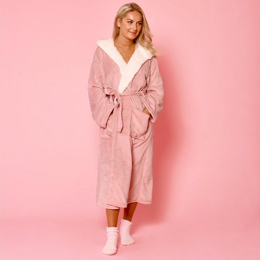 Sienna Ladies Mens Long Hooded Dressing Gown Soft Flannel Fleece Sherpa Bathrobe