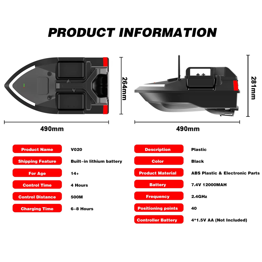 GPS Fishing Bait Boat 500M Remote Control Bait Boat Dual Motor Fish Finder 2KG Loading Support Automatic Cruise/Return/Route New